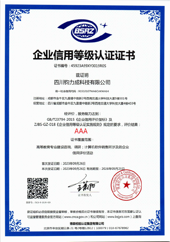企业信用等级认证证书 AAA