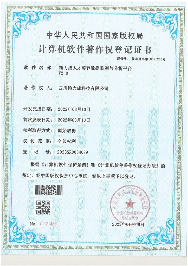 计算机软件著作权登记证书：钧力人才培养数据监测与分析平台 V2.0